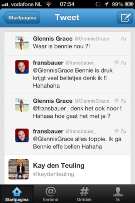 Frans Bauer en Glennis Greace in gesprek op Twitter, dit gesprek is later door Frans verwijderd
